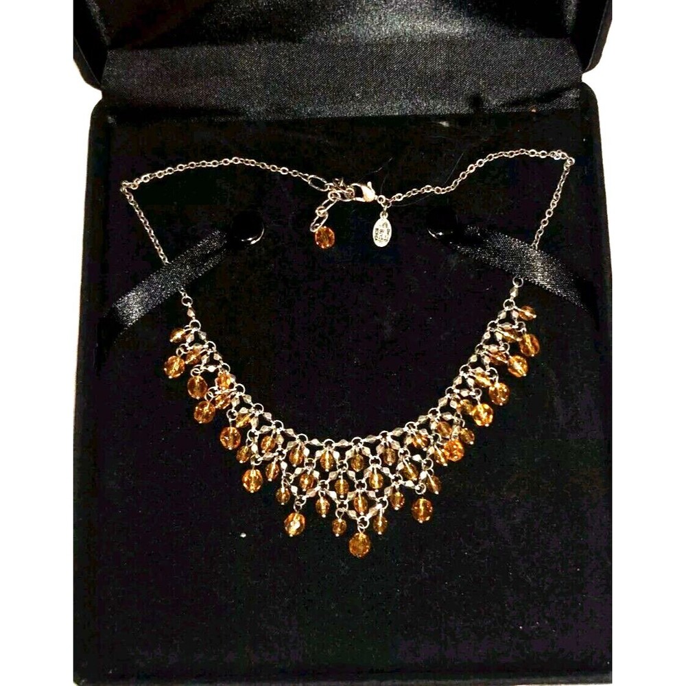 Vtg Phillip Bloch 16” Yellow Glass Beaded Bib Silvertone Necklace In Velvet Box